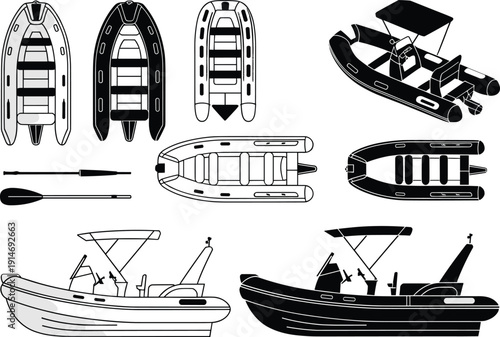 Inflatable boat illustration set, rigid inflatable boats views, marine watercraft collection, boating equipment, rescue vessel, black white vector design icons