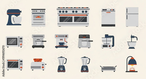 Collection of modern kitchen appliances and equipment.