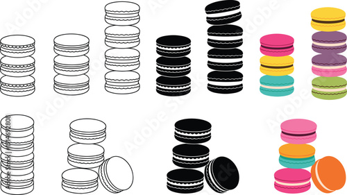 Macaron cookies set illustration, colorful dessert collection, sweet bakery treats, French pastry icons, vector, outline, black, white, flat, design, elements