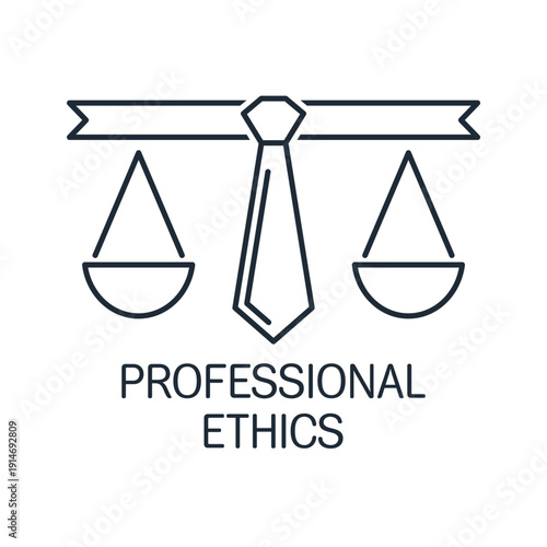 Business suit and balance ethical scale. Business ethics. Corporate compliance rules.
 Vector linear icon illustration isolated on white background.