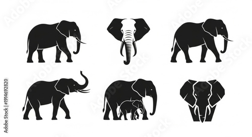 Collection of Silhouette Elephants in Various Poses.