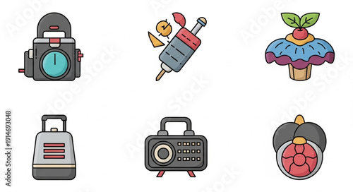 Collection of six flat design icons representing various objects.