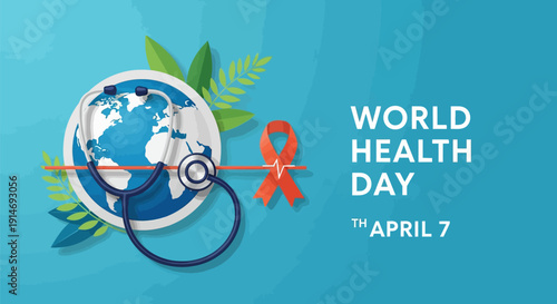 World Health Day (April 7) Banner. Global Health Stethoscope, Earth, and Awareness Ribbon Paper Cut Illustration.
