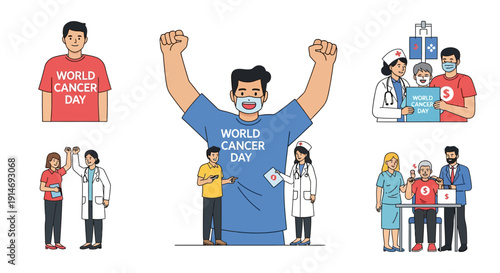 World Cancer Day Awareness and Support Vector Set. Diverse people including doctors, patients, and volunteers celebrating hope, fundraising, and treatment success.