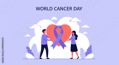 World Cancer Day Support. Man and woman holding heart with purple ribbon symbol. Global cancer awareness and solidarity concept vector illustration.