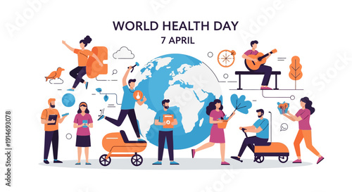 World Health Day (April 7) Global Wellness and Inclusion Vector. Diverse people promoting health, self-care, and community surrounding the Earth.