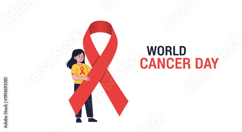 World Cancer Day Banner: Woman Holding Red Awareness Ribbon. Global Support Campaign, Fight Against Cancer Vector Illustration.