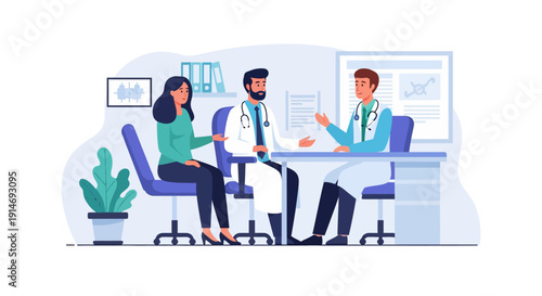 Patient consulting two male doctors in a hospital office. Flat vector illustration of medical teamwork, healthcare advice, diagnosis, and expert treatment planning.