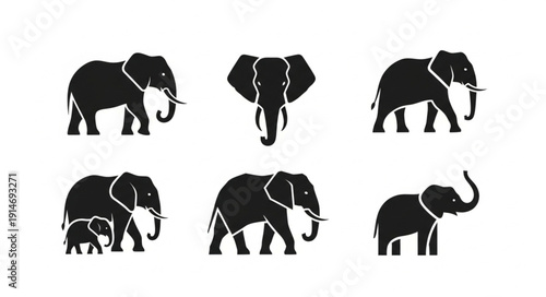 Collection of stylized elephant silhouettes in various poses.