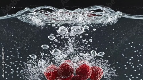 Fresh Ruby Red Raspberries Being Dropped Into Water Creating Dynamic Splash and Bubbles for Healthy Food and Fruit Market Advertising