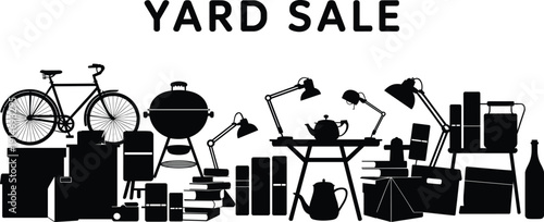 Yard sale silhouette icons collection with bicycle books furniture lamps household items secondhand market garage sale concept isolated white background