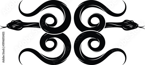 Black snake silhouette set featuring two coiled serpents with decorative swirls and patterns, isolated on white background, vector illustration, wildlife.