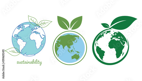 Eco-friendly earth day icons: planet and leaf graphics