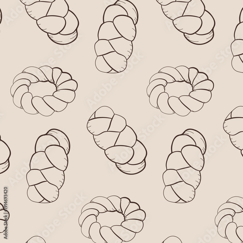 Seamless bakery pattern with pretzel and braided bread in hand drawn monoline style. Minimal food repeat background for packaging and textile design.