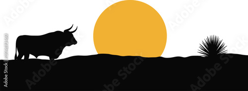 Black bull silhouette standing in desert landscape at sunset, featuring a large orange sun and cactus, isolated on white background.