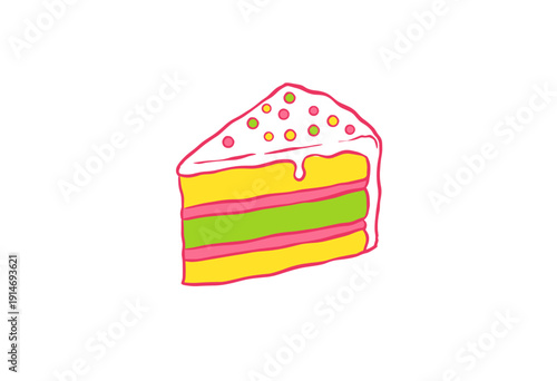 Colorful cake slice artwork. Layered dessert graphic design. Birthday sweet food illustration. Neon doodle sketch for sticker. Abstract bakery print d