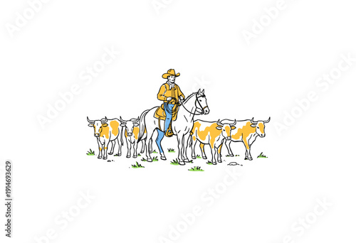 Cowboy riding horse artwork. Cattle herd ranch design. Western rodeo vintage illustration. Texas longhorn sketch. American cowboy tradition vector.