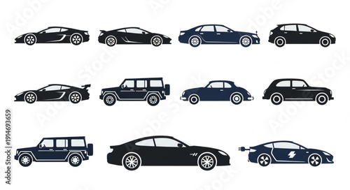 Collection of Various Car Silhouettes and Icons.