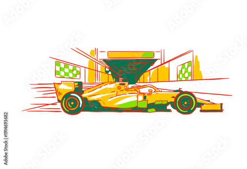 Formula race car graphic design. Speed racing poster illustration. Extreme motorsport car artwork. Fast wheels competition print. Road speed graphic f