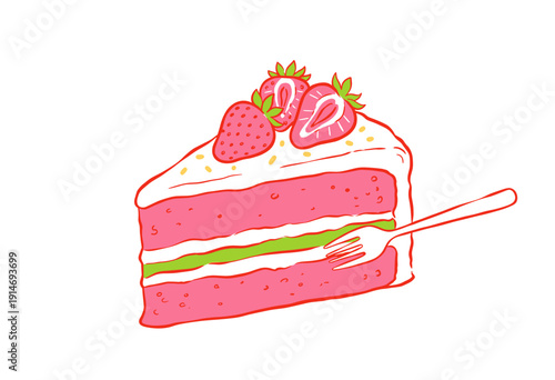 Strawberry cake slice vector illustration. Pink layered dessert with cream and fork. Sweet bakery food drawing. Cute hand drawn graphic art. Dessert p