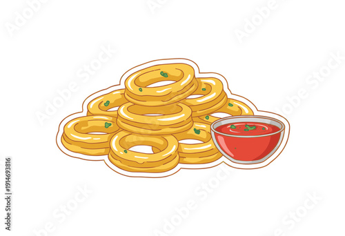 Onion rings hand drawn illustration artwork. Fast food appetizer snack design. Delicious crispy fried rings sticker. Restaurant menu graphic print ele
