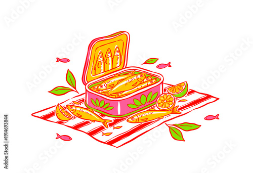 Seafood canned fish colorful illustration. Sardines artwork for t shirt print and poster. Pop art style vintage canned food design. Retro fish sketch