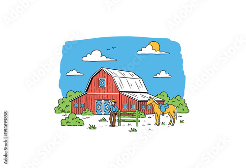 Farm barn illustration artwork for graphic design. Country life vector design. Red farmhouse and cowboy sketch. Ranch theme print for apparel. Outdoor