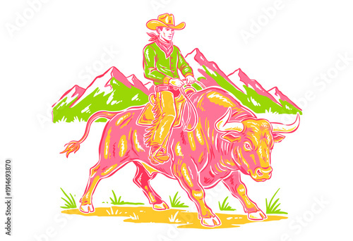 Cowboy riding bull graphic illustration. Rodeo extreme sport vintage artwork. Mountain western t shirt design print. Wild west retro neon color scheme
