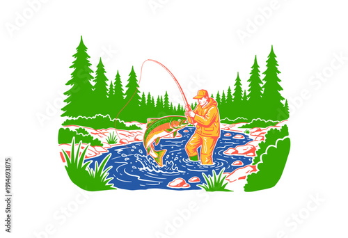 Fisherman catches big trout artwork for t-shirt design. Angler standing in river vintage design. Fishing club adventure graphic print. Fly fishing vin