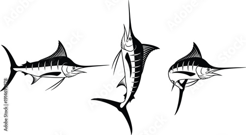 Black marlin and swordfish silhouette vector set featuring majestic game fish jumping and swimming isolated on a clean white background,