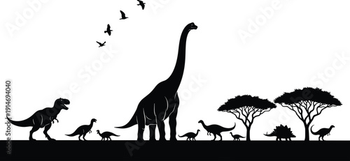 Black dinosaur silhouette vector collection featuring Tyrannosaurus Rex Brachiosaurus and prehistoric wildlife in a Jurassic landscape isolated
