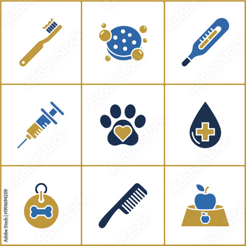 A grid of nine vector icons in blue and gold, illustrating various pet care and veterinary health concepts, including grooming tools, medical instruments, and feeding essentials.