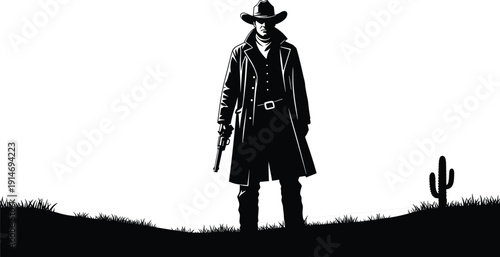 Cowboy silhouette standing in the desert with a gun and cactus, wild west landscape vector isolated on white background for western adventure,