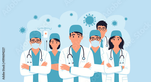 Healthcare Crisis: Stressed Medical Team Fighting Coronavirus Pandemic. Exhausted Doctors and Nurses Frontline Workers Vector Illustration.