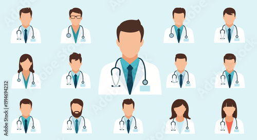 Doctor Avatar Set. Diverse Medical Team Icons: Physician, Nurse, Surgeon Headshots. Healthcare Staff Illustration.