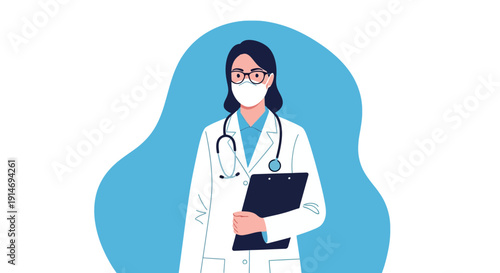 Female Doctor Wearing Face Mask and Lab Coat Holding Clipboard. Professional Healthcare Worker Illustration with Stethoscope.