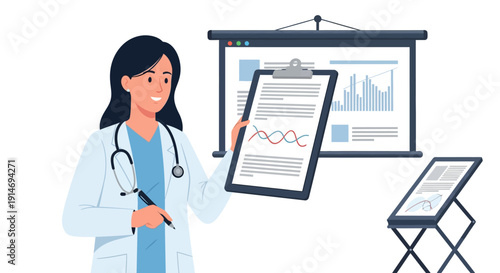 Healthcare Professional Presenting Scientific Data. Female Doctor Holding Clipboard during Medical Seminar and Research Analysis Vector Illustration.