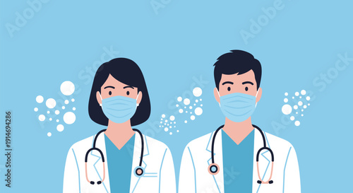 Professional Healthcare Team: Male and Female Doctors in Protective Medical Masks and Lab Coats. Virus Prevention and Medical Staff Support Illustration.