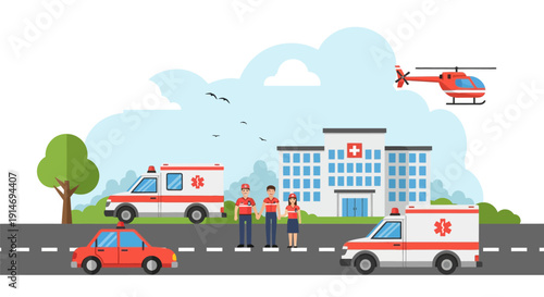 Emergency Medical Services Scene: Flat design illustration of hospital building, ambulances, rescue helicopter, and paramedic staff outside the medical center.