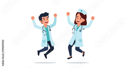 Cheerful Doctor and Nurse Jumping for Joy. Medical Team Celebration of Success and Achievement. Healthcare Professionals Vector Illustration.