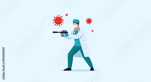 Healthcare Hero Doctor Fighting COVID-19 Virus with Weapon. Medical Warrior Concept Illustration for Pandemic Defense and Disease Control.