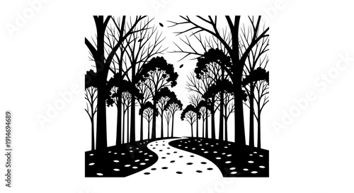 A winding path through a silhouetted forest with fallen leaves scattered along the ground, illustrating an autumnal scene