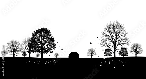 Silhouette Landscape with Bare Trees and Falling Leaves Creating a Natural Scene with a Tunnel Entrance in the Distance