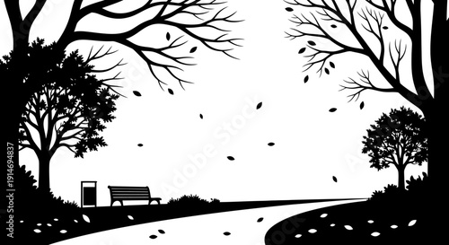 Black and white illustration of a park scene with a paved path, bench, trash can, and falling leaves under silhouetted trees