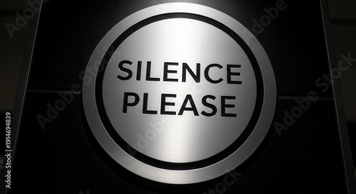 A Circular Silver Sign with the Words Silence Please on a Dark Background