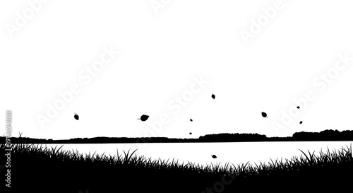 Minimalist black and white landscape silhouette of grass, a body of water, and distant trees against a bright sky