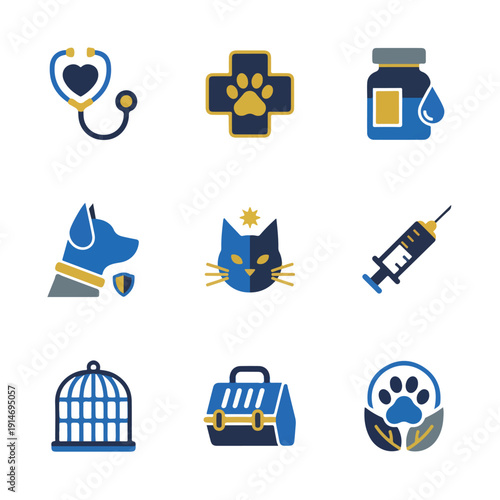 A collection of nine blue and gold vector icons representing various aspects of veterinary medicine, pet care, and animal health.