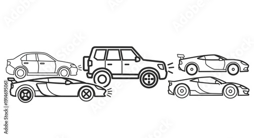 Diverse collection of vehicles in a line illustration.