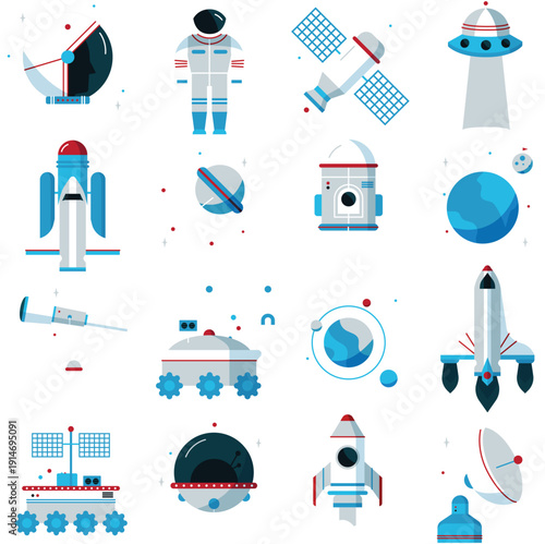 Satellite and space station technology flat graphic icon set vector