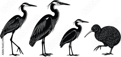 Set of eight detailed black bull moose silhouettes with various antler shapes and standing poses isolated on white background for wildlife nature hunting designs